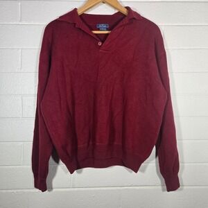 Faconnable 100% Merino Wool Red Henley XL Winter Base Layer Polo Collared Warm